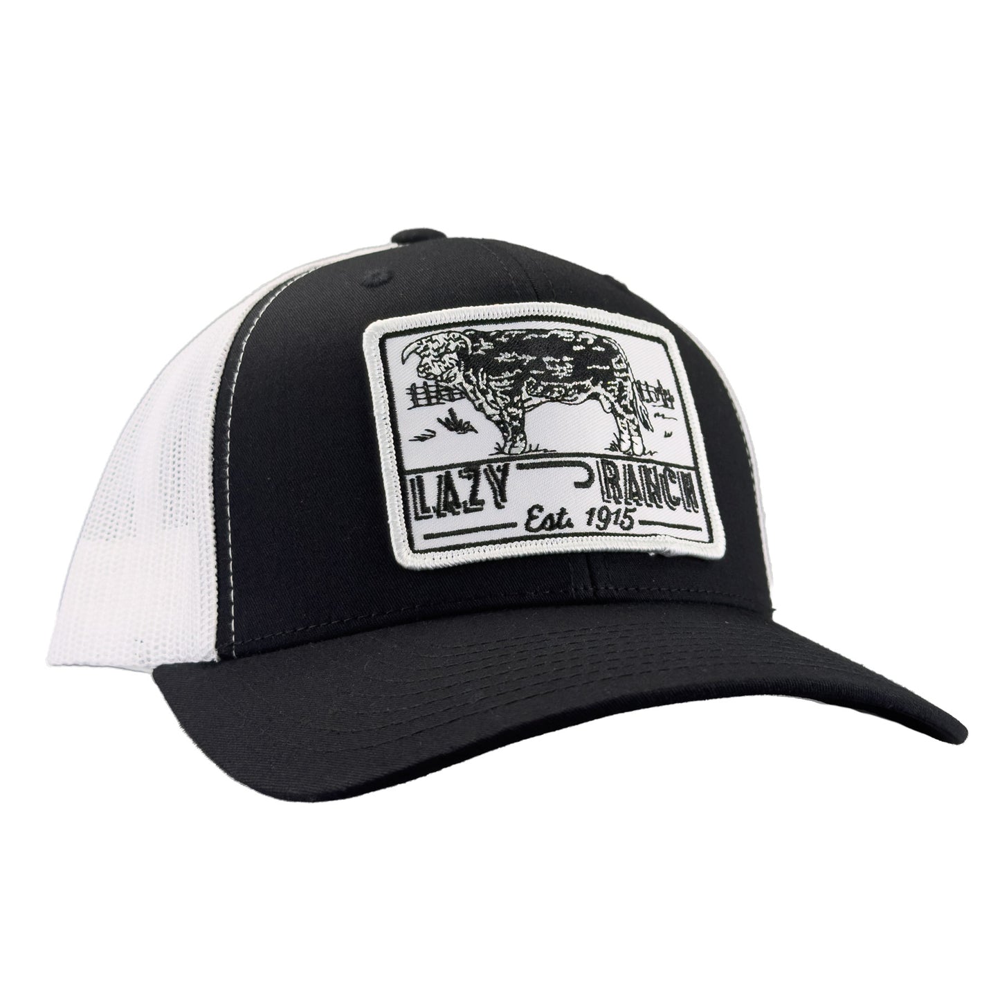 Lazy J Ranch Black & White Mid Profile Trucker Hat - Multiple Patches-BLKWHT1-BT