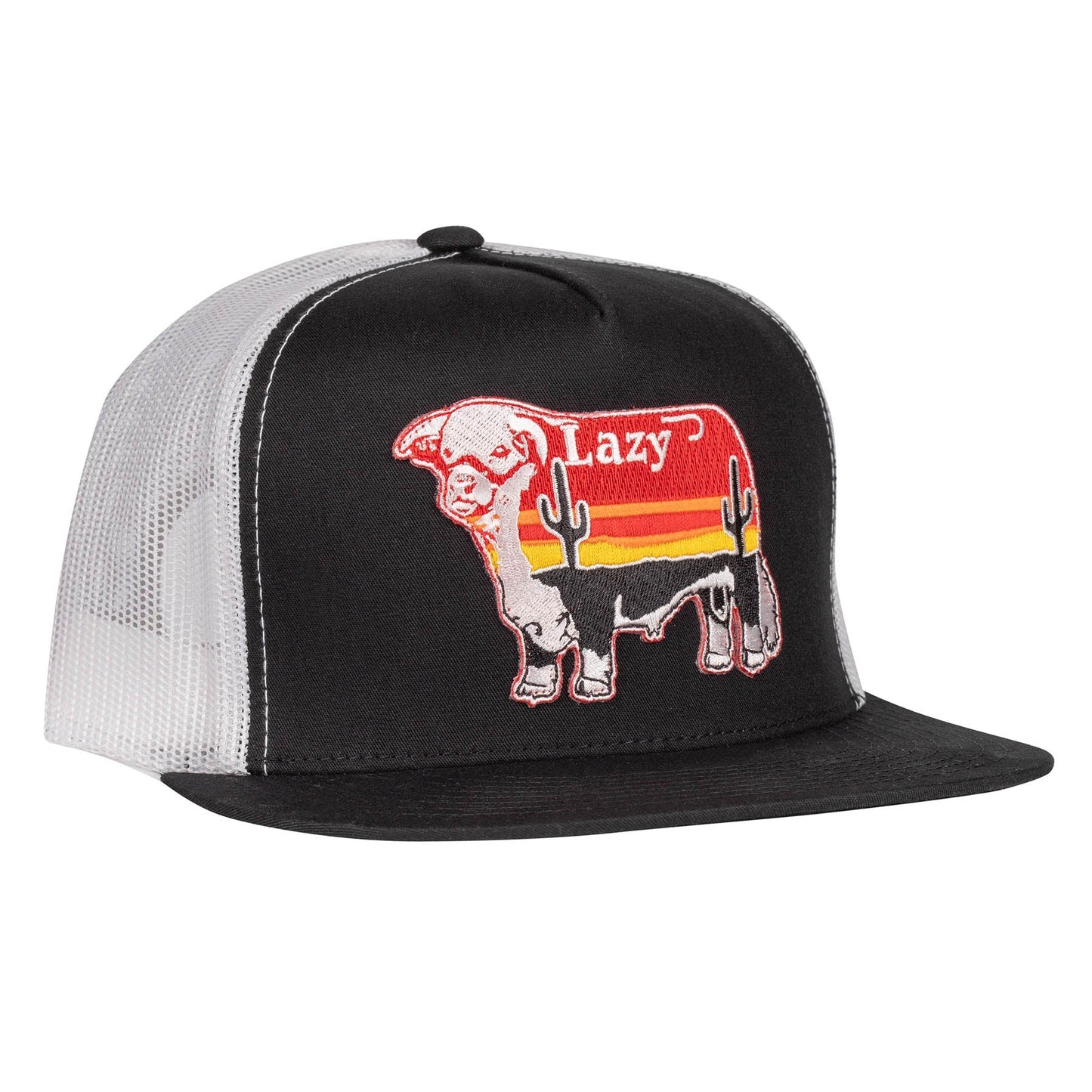 Lazy J Ranch Black & White Sunrise Bull Classic Five Panel Trucker Hat-Lazy J Ranch Wear