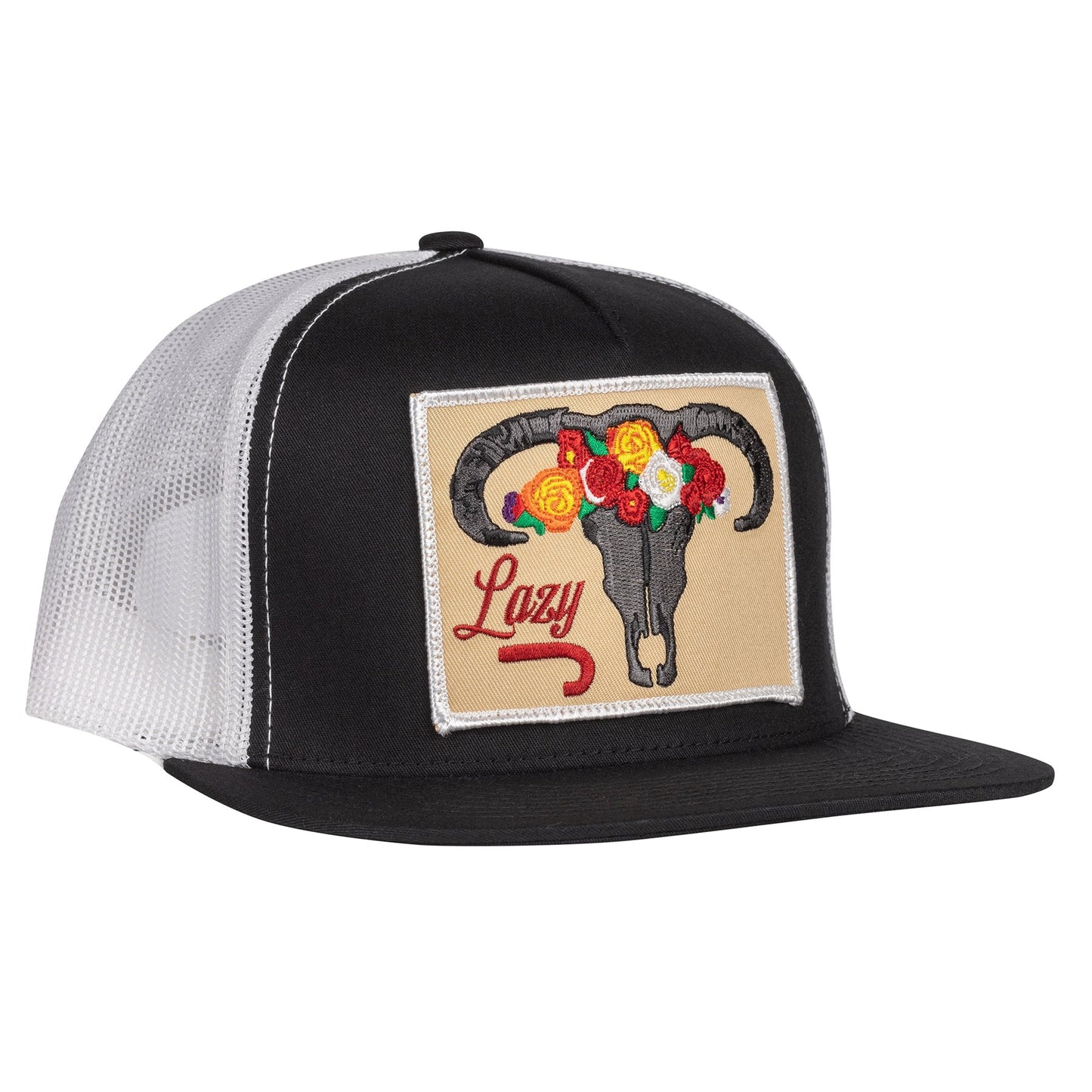 Lazy J Ranch Black & White Skull & Flowers Classic Five Panel Trucker Hat-Lazy J Ranch Wear