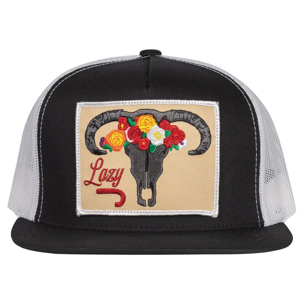 
                  
                    Lazy J Ranch Black & White Skull & Flowers Classic Five Panel Trucker Hat-BLKWHT4SKULL
                  
                