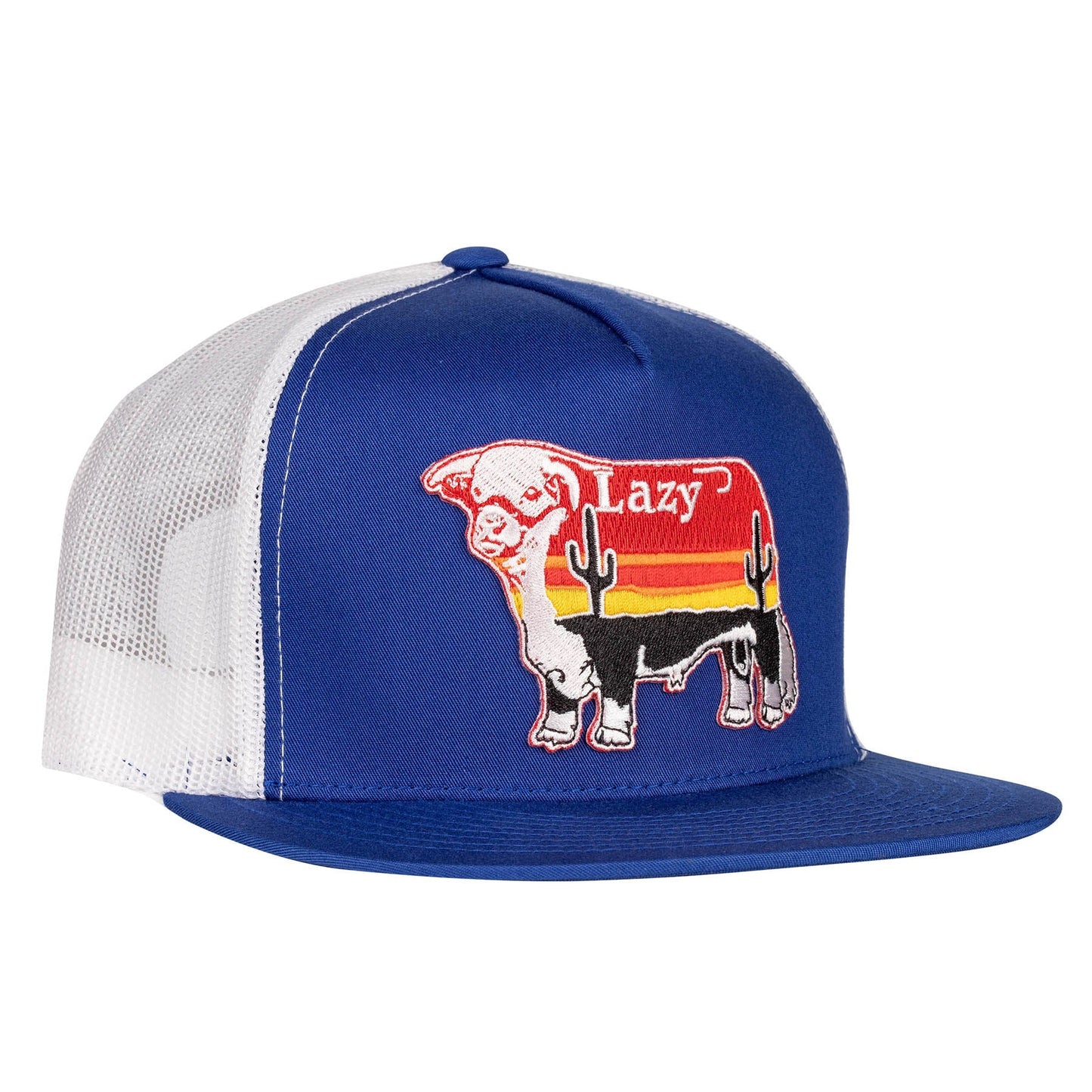 Lazy J Ranch Blue & White Sunrise Bull Classic Five Panel Trucker Hat-Lazy J Ranch Wear