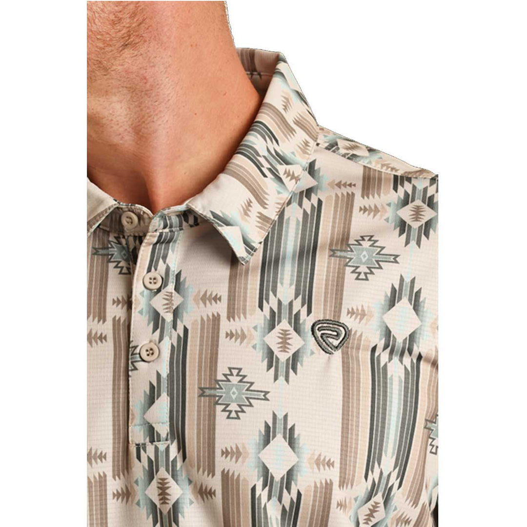 Rock & Roll Cowboy Men's Aztec Stripe Print Polo Short Sleeve Shirt - Natural
