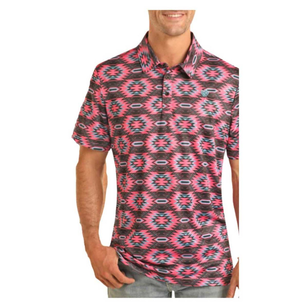 Rock & Roll Cowboy Men's Aztec Polo Short Sleeve Shirt - Pink