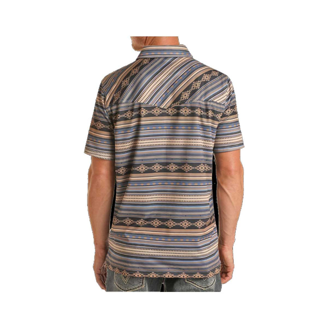 Rock & Roll Cowboy Men's Aztec Stripe Print Polo Short Sleeve Shirt - Blue