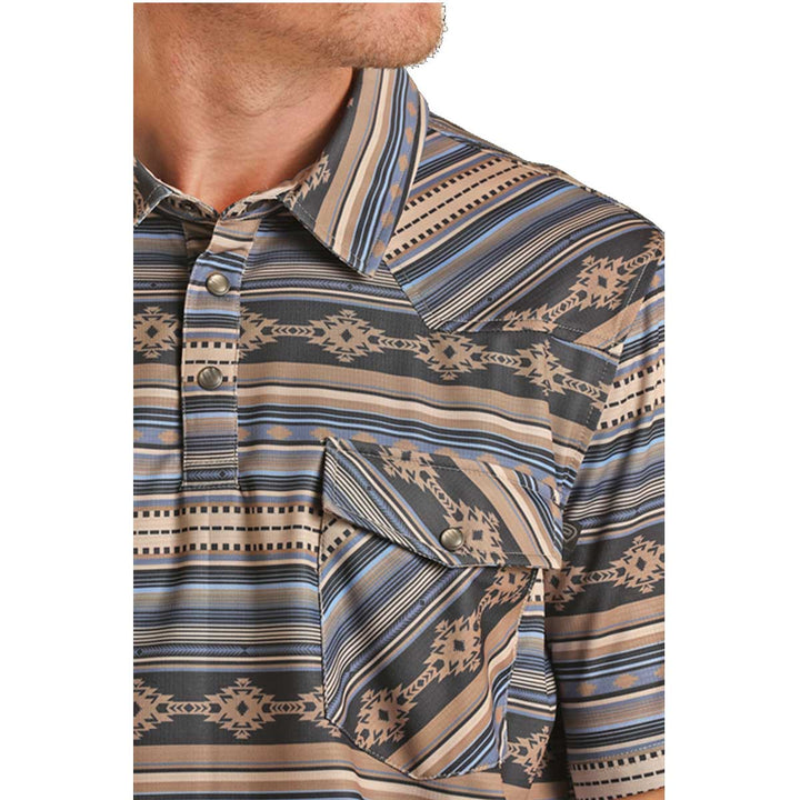 Rock & Roll Cowboy Men's Aztec Stripe Print Polo Short Sleeve Shirt - Blue