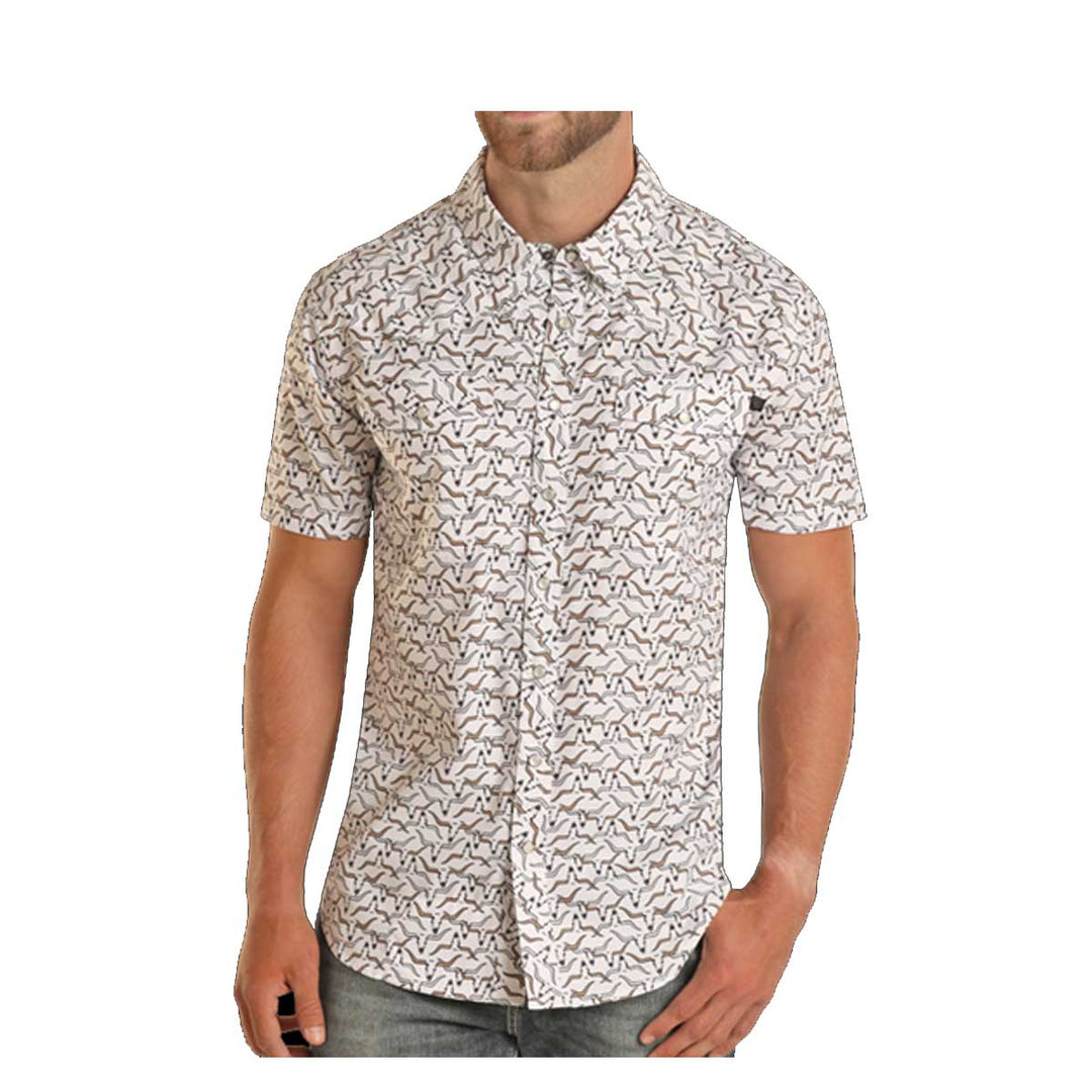 Rock & Roll Cowboy Men's Longhorn Print Snap Short Sleeve Shirt - White