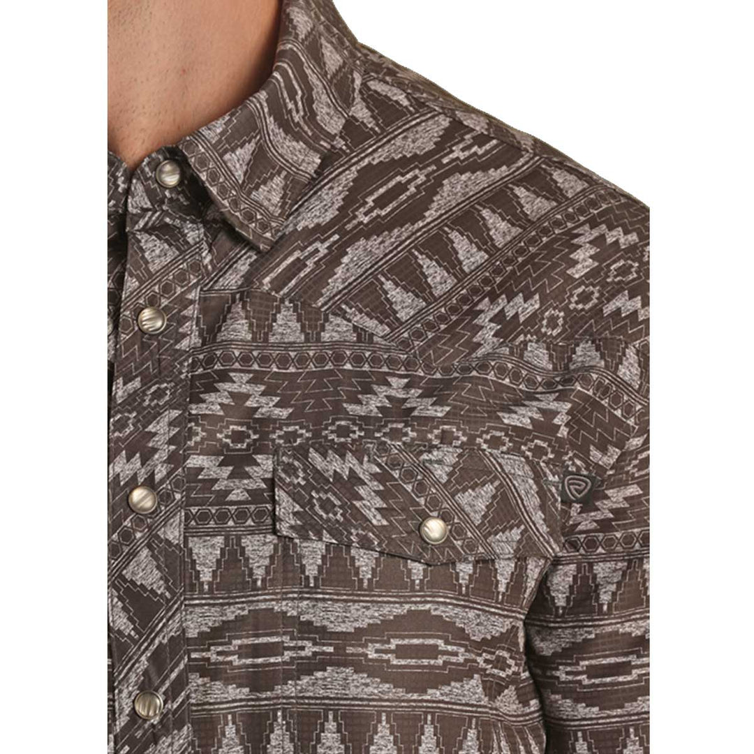 Rock & Roll Cowboy Men's Tek Aztec Print Snap Short Sleeve Shirt - Charcoal
