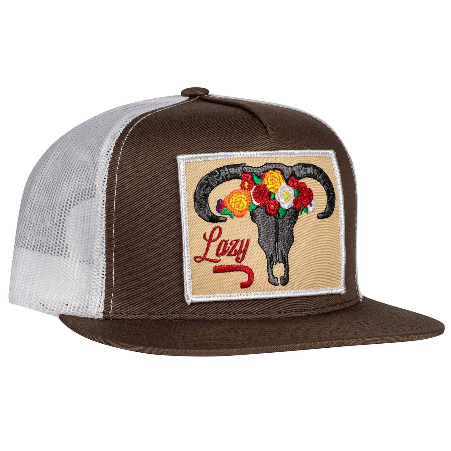 Lazy J Ranch Brown & White Skull & Flowers Classic Five Panel Trucker Hat-BRWWHT4SKULL