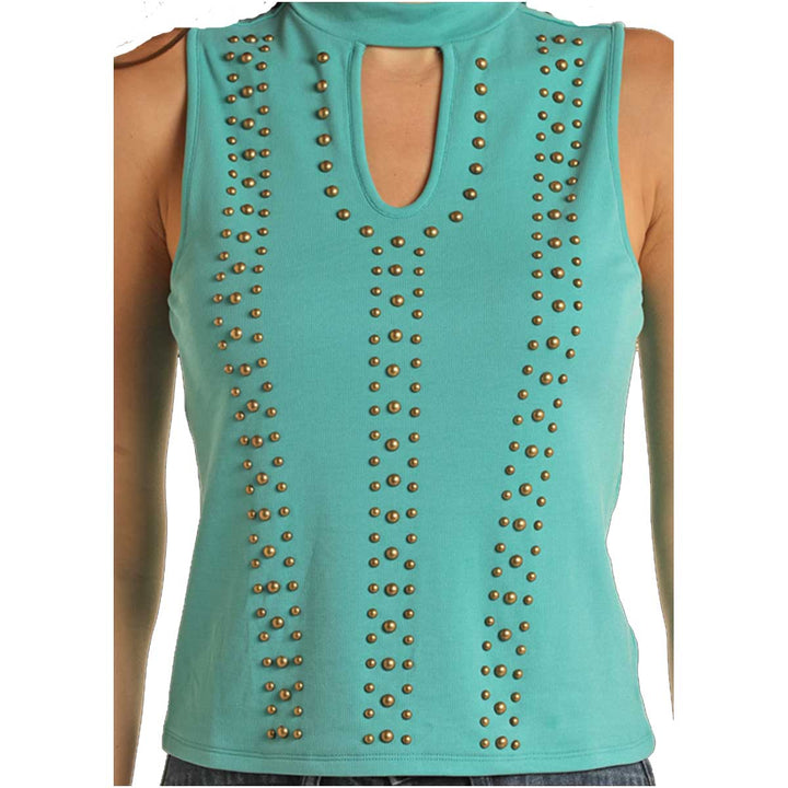 Rock & Roll Cowgirl Women's Ribbed Studded Keyhole Tank Top - Turquoise