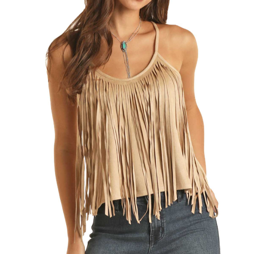 T-Party Rhinestone Fringe Mineral Wash Tank Top Brown Small