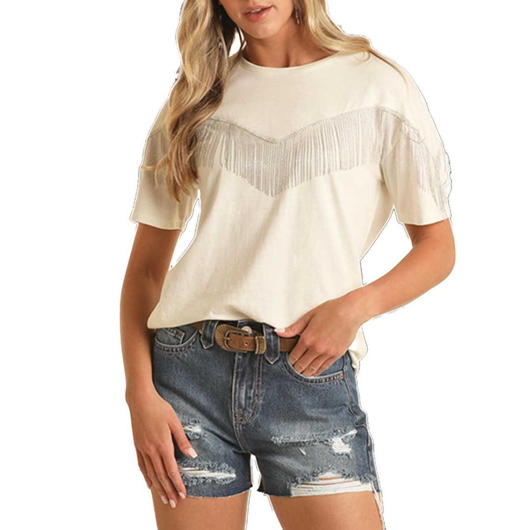 Rock & Roll Cowgirl Women's Chain Fringe T-Shirt - Natural