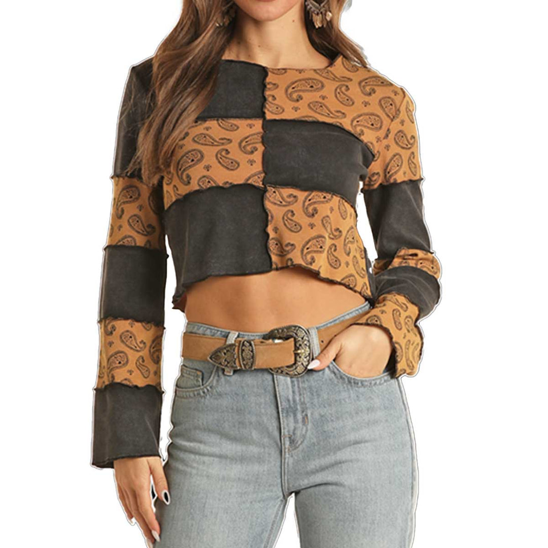 Panhandle Women's Cropped Paisley Patchwork Top - Black Gold
