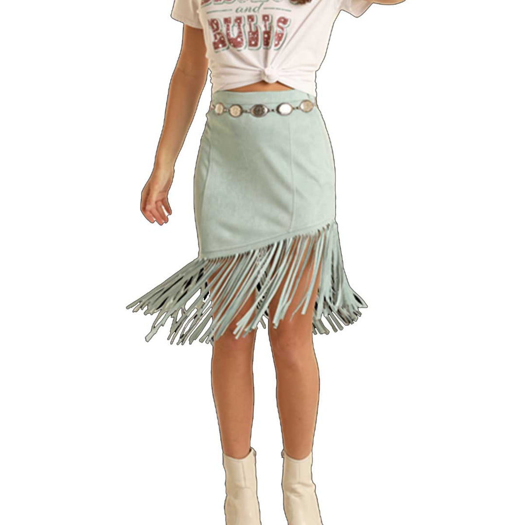 Rock & Roll Cowgirl Women's Asymmetrical Fringe Skirt - Light Turquoise