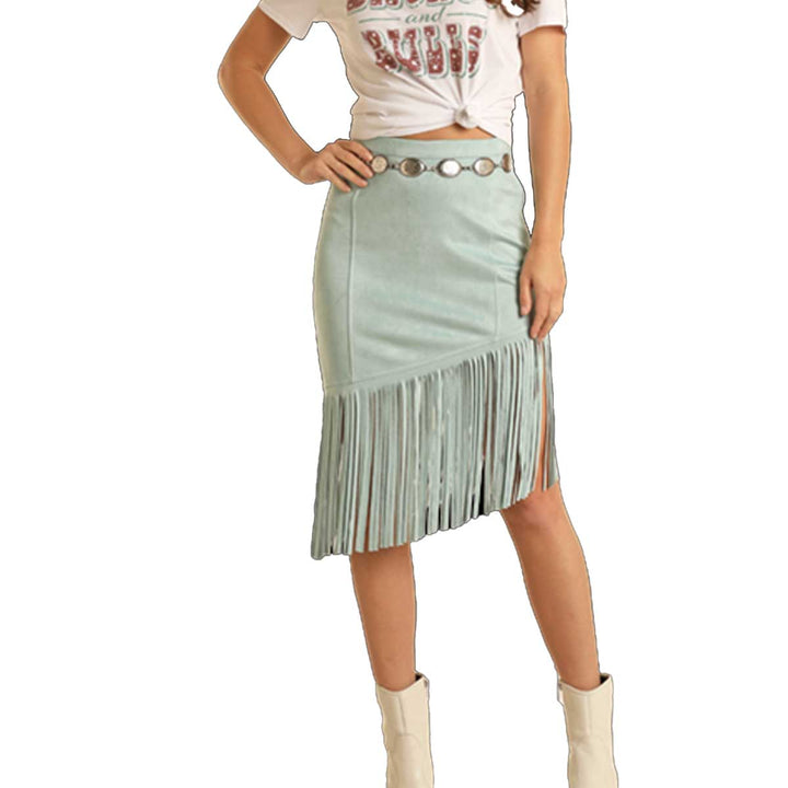 Rock & Roll Cowgirl Women's Asymmetrical Fringe Skirt - Light Turquoise