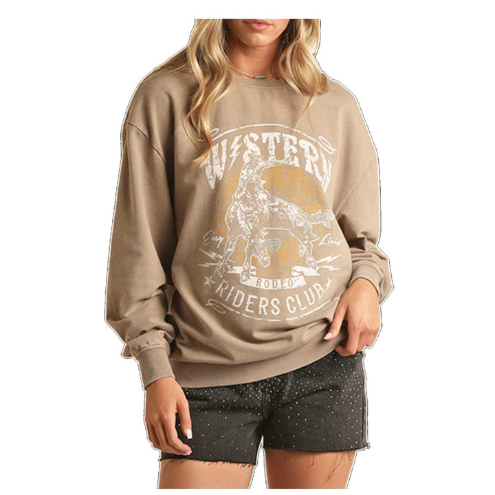 Rock & Roll Cowgirl Women's Western Riders Club Oversized Sweatshirt - Taupe
