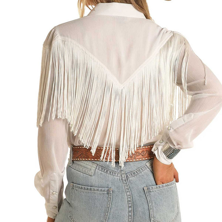 Rock & Roll Cowgirl Women's Sheer Fringed Shirt - Off White