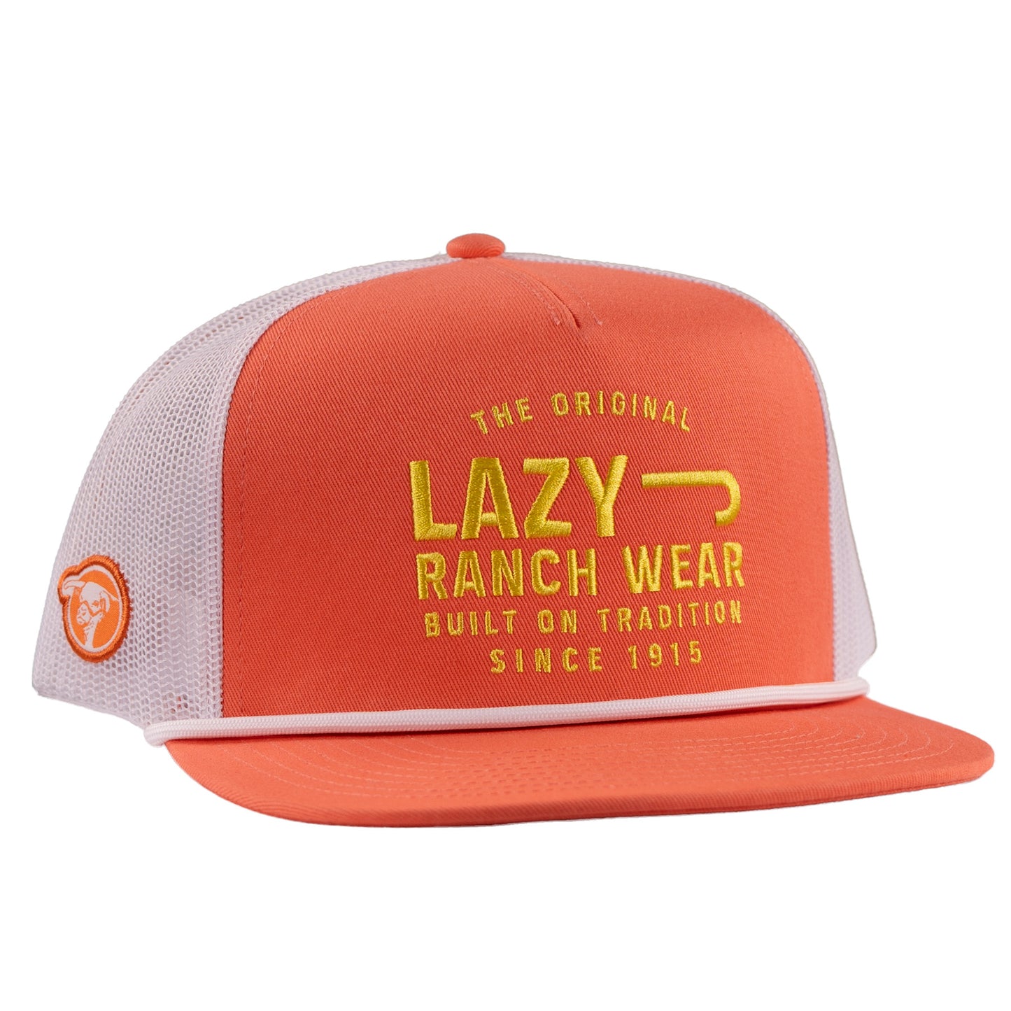 Lazy J Ranch Coral & White Untroubled Classic Rope Trucker Hat-CORALWHT4-UNTRBLD-YEL