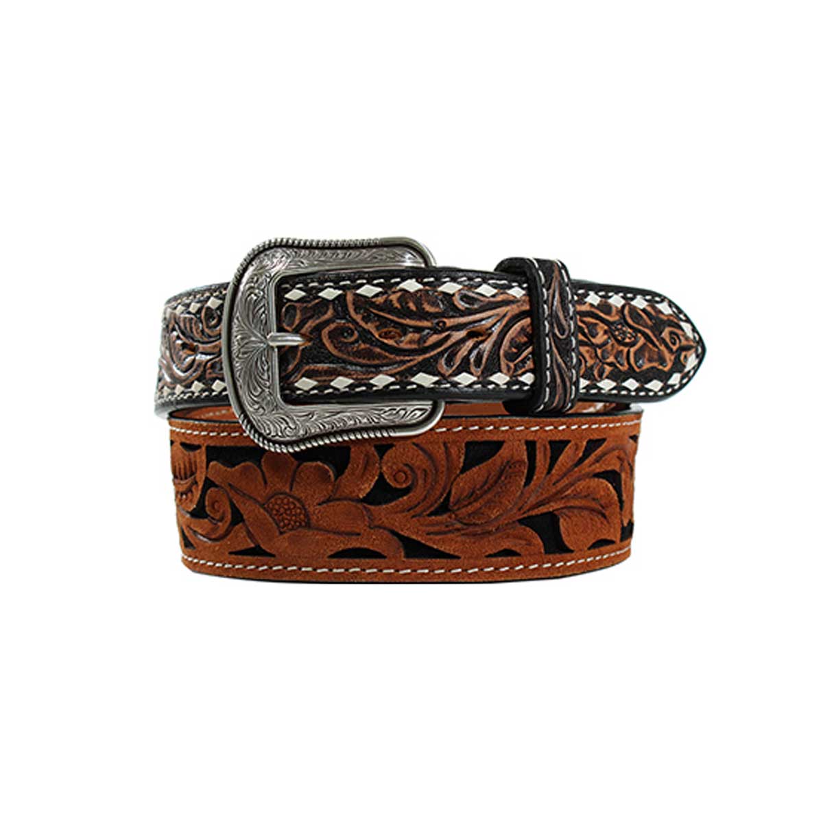 3D BeltMen's Laced Tooled Floral Belt - Brown