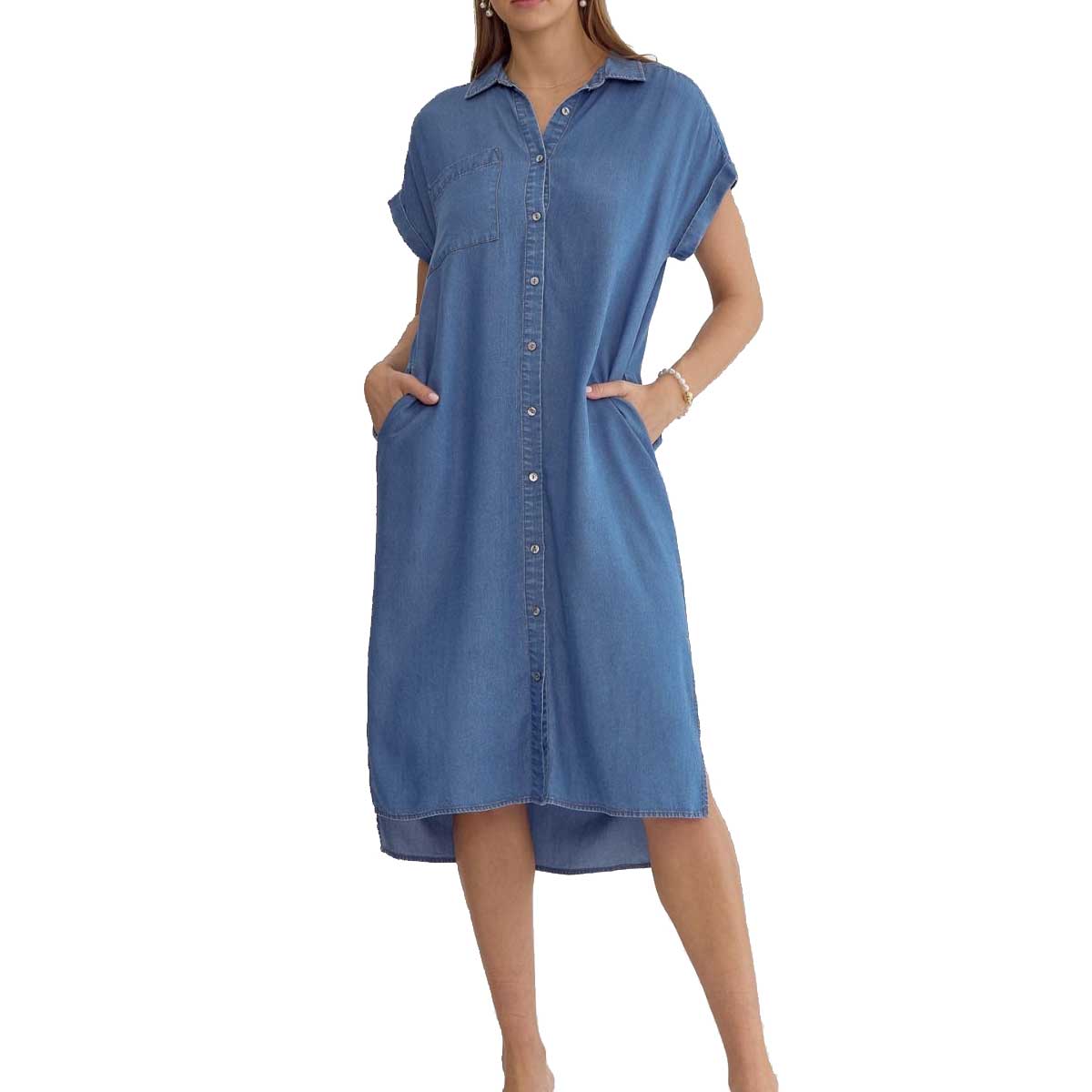 Entro Women's Button Up Denim Midi Dress - Denim Blue – Lazy J Ranch ...