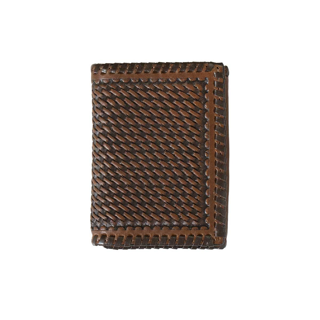 3D Belt Co Men's Hand Tooled Leather Basketweave Trifold Wallet - Brown