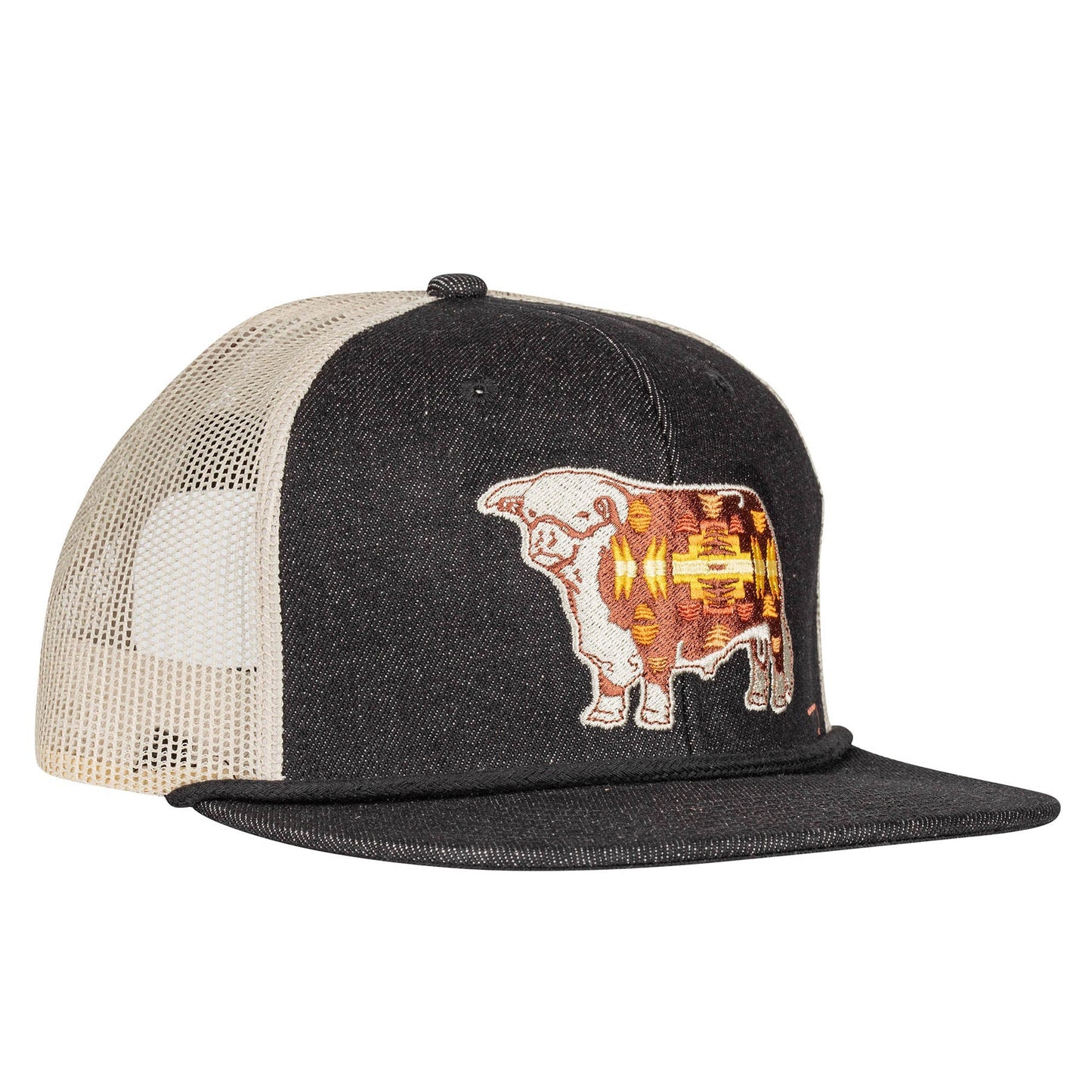 Lazy J Ranch Denim & White Apache Hereford Bull Classic Rope Trucker Hat-Lazy J Ranch Wear