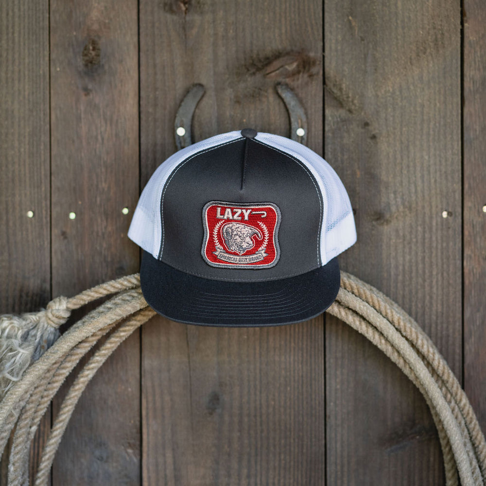 
                  
                    Lazy J Ranch Dark Grey & White Red America's Best Brand Classic Five Panel Trucker Hat-GRYWHT4BEST
                  
                