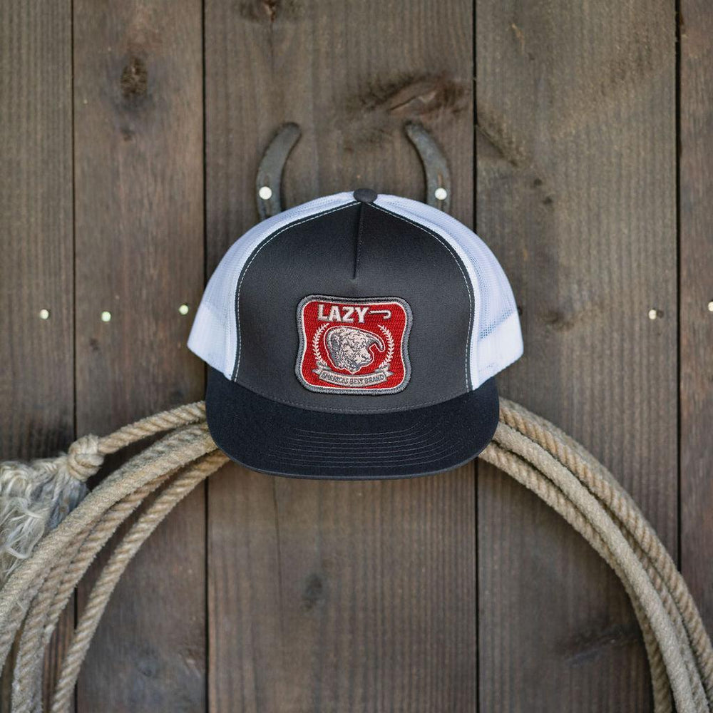 
                  
                    Lazy J Ranch Charcoal Grey & White Red America's Best Brand Classic Five Panel Trucker Hat-Lazy J Ranch Wear
                  
                