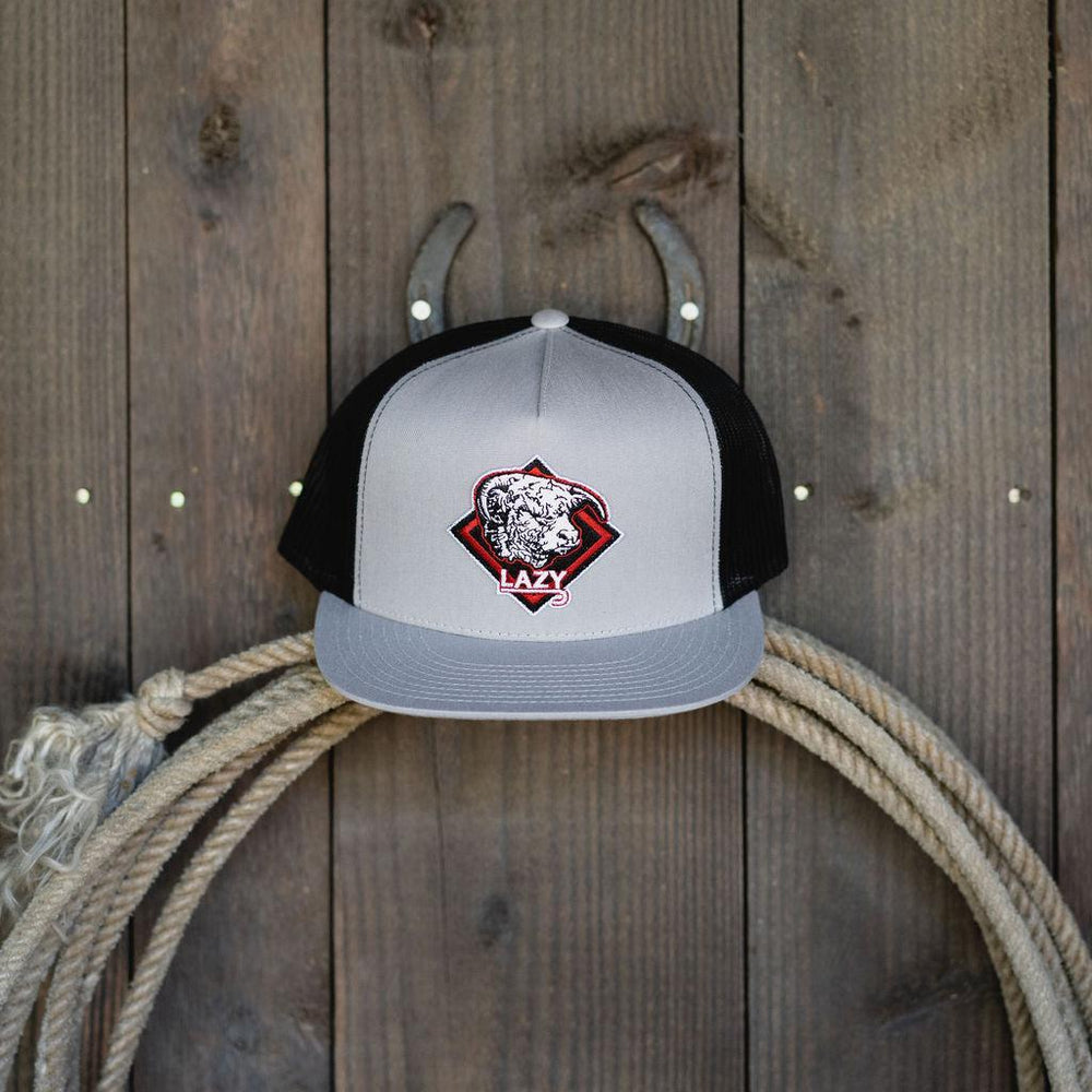 
                  
                    Lazy J Ranch Silver Grey & Black Red Diamond Hereford Classic Five Panel Trucker Hat-Lazy J Ranch Wear
                  
                