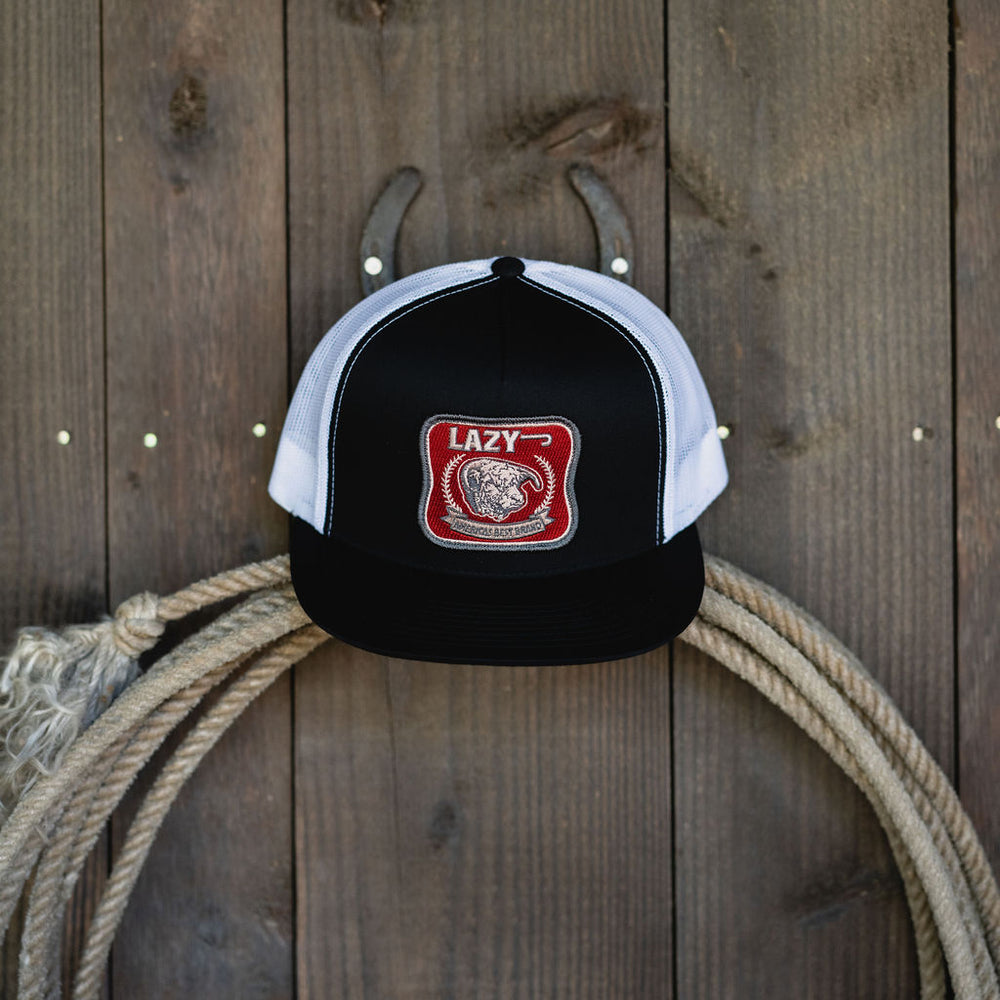 
                  
                    Lazy J Ranch Black & White Red America's Best Brand Classic Five Panel Trucker Hat-BLKWHT4BEST
                  
                