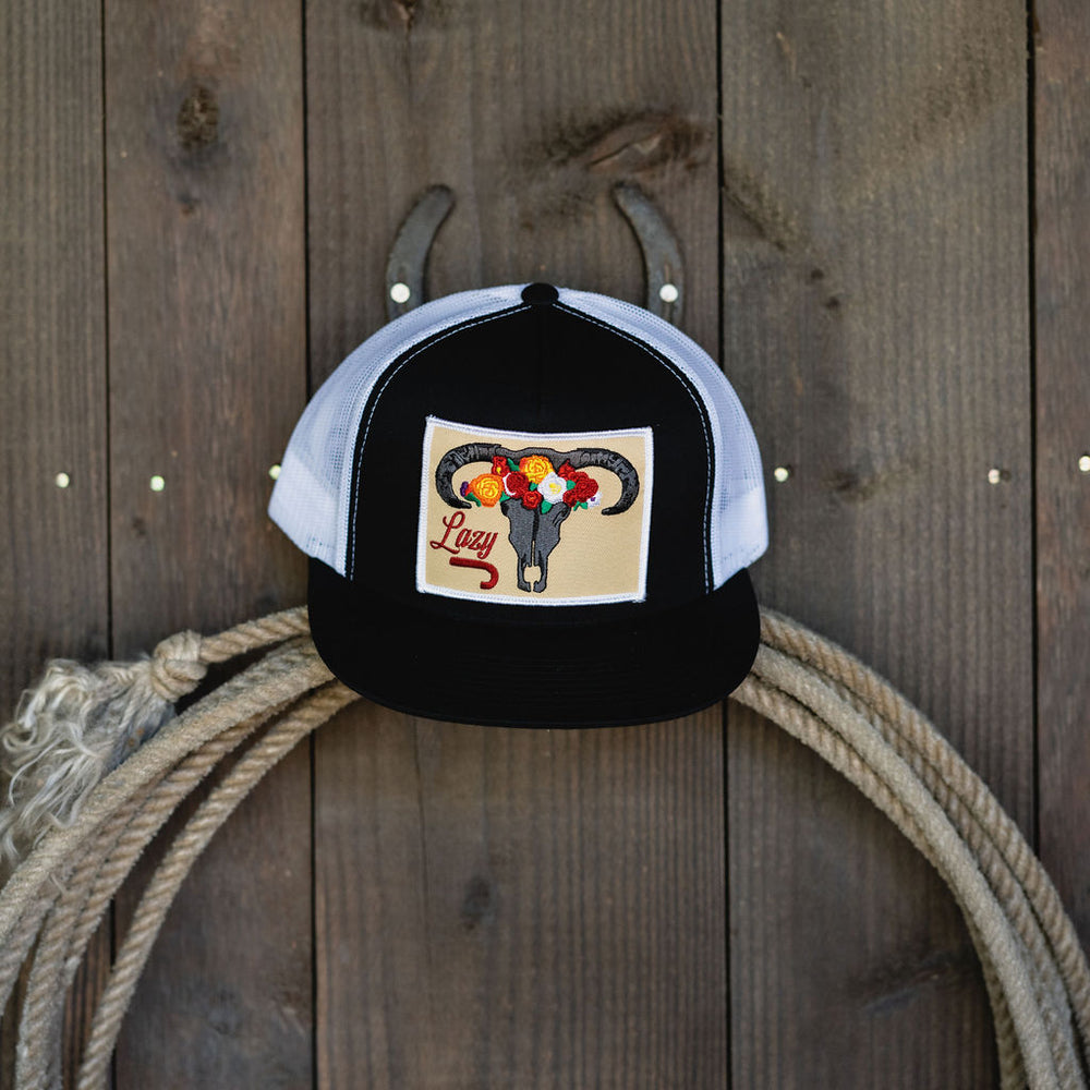 
                      
                        Lazy J Ranch Black & White Skull & Flowers Classic Five Panel Trucker Hat
                      
                    