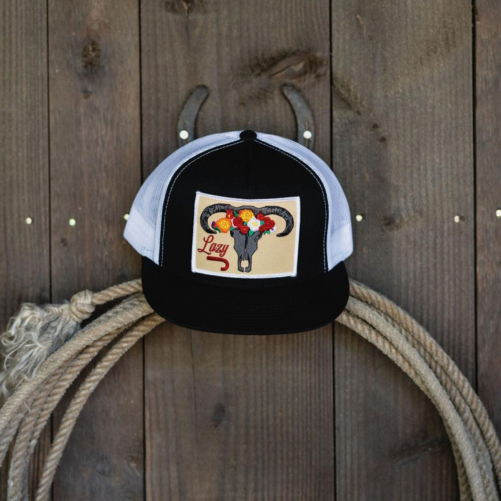 
                  
                    Lazy J Ranch Black & White Skull & Flowers Classic Five Panel Trucker Hat-Lazy J Ranch Wear
                  
                