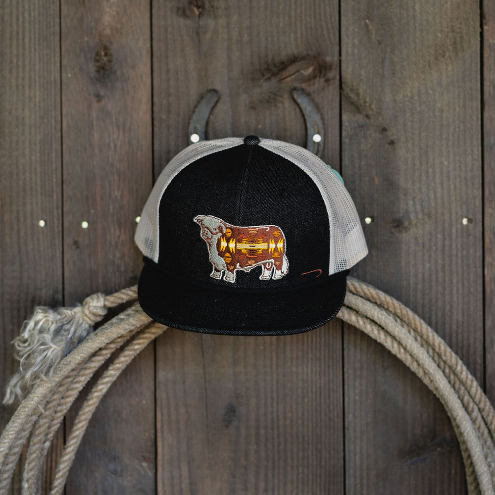 
                      
                        Lazy J Ranch Denim & White Apache Hereford Bull Classic Five Panel Trucker Hat
                      
                    