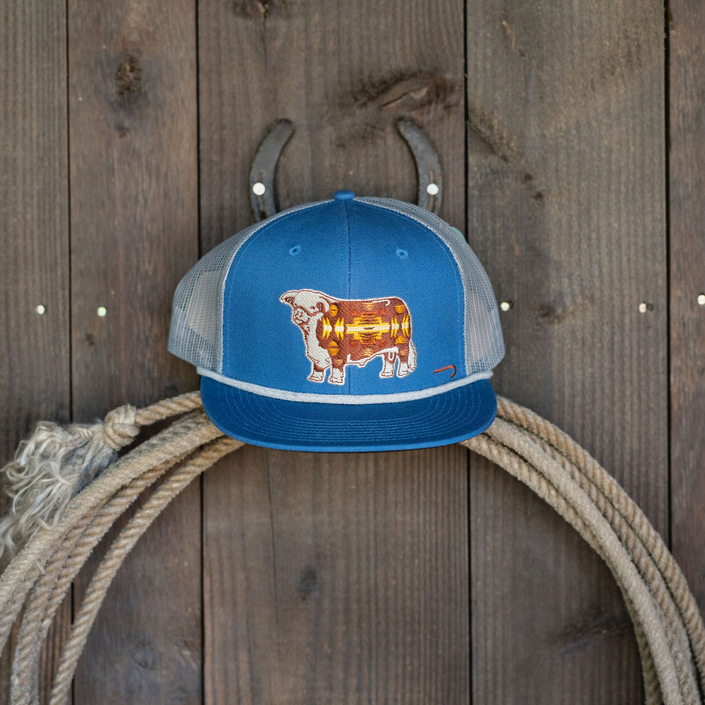 
                      
                        Lazy J Ranch Blue & Grey Apache Hereford Bull Classic Five Panel Trucker Hat
                      
                    