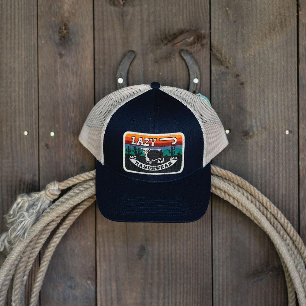 
                  
                    Lazy J Ranch Navy & Tan Serape Sunrise Mid Profile Trucker Hat-Lazy J Ranch Wear
                  
                