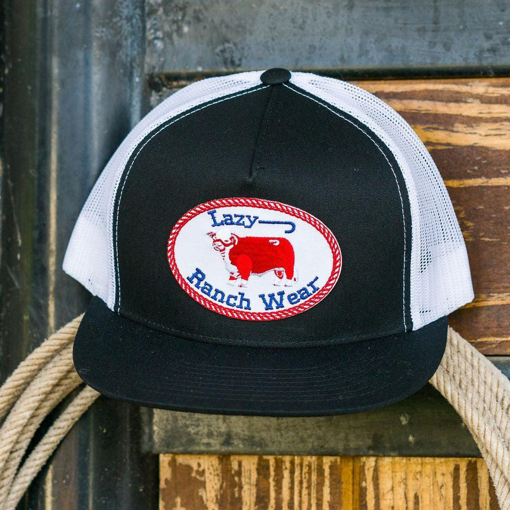 
                  
                    Lazy J Ranch Black & White Red Original Buckle Classic Five Panel Trucker Hat-Lazy J Ranch Wear
                  
                