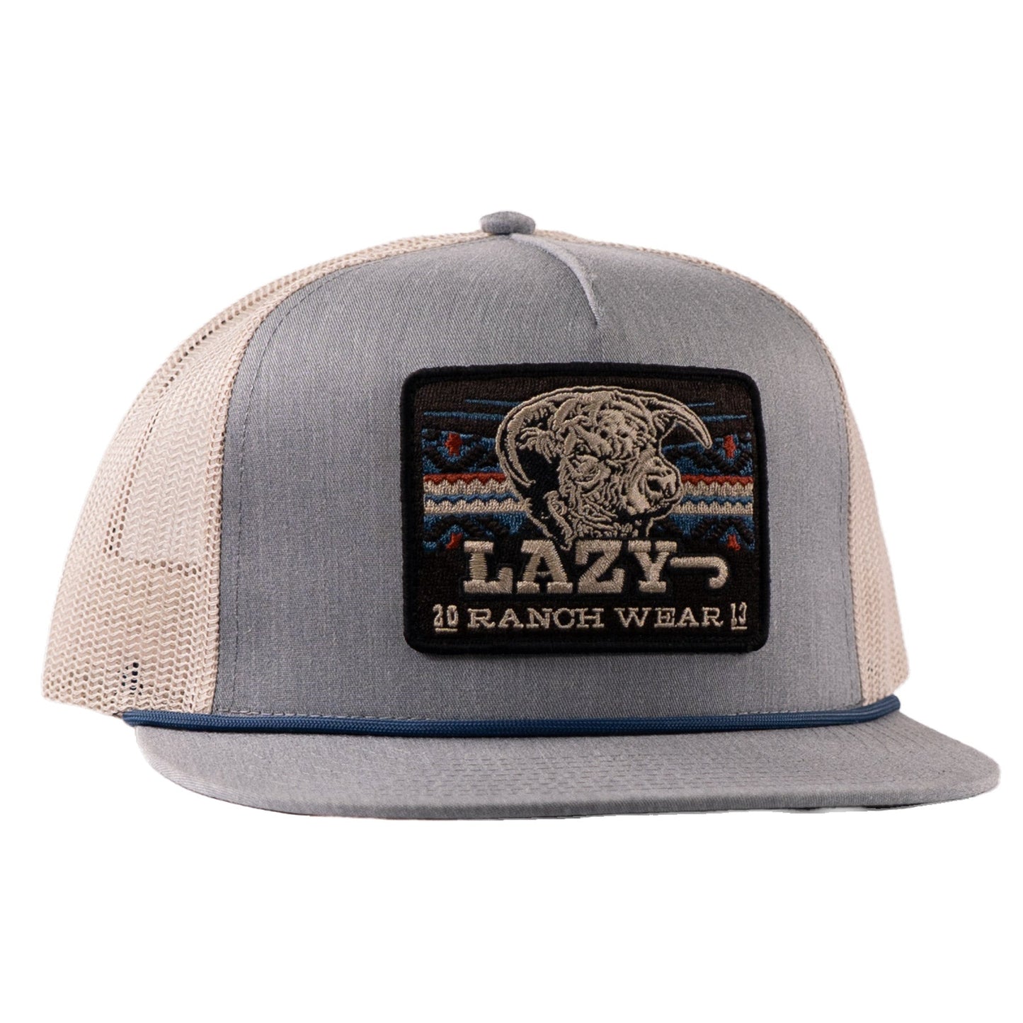 Lazy J Ranch Chambray & Tan Aztec Tribal Patch Classic Rope Trucker Hat-Lazy J Ranch Wear