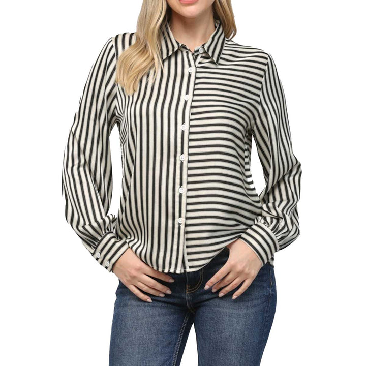 Fate Women's Stripe Satin Button Down Shirt - Cream Black
