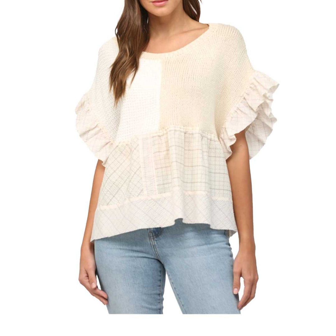 Fate Women's Patchwork Flutter Sleeve Sweater - Ivory Multi