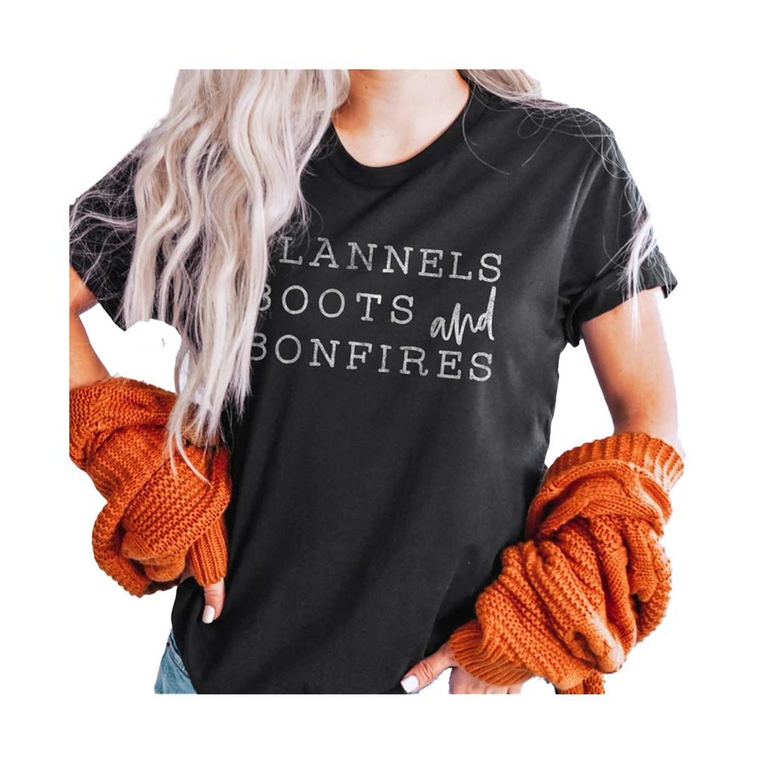 Peculiar People Designs Women's Flannels Boots & Bonfires T-Shirt - Black