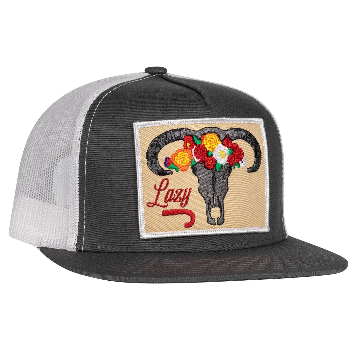 Lazy J Ranch Dark Grey & White Skull & Flowers Classic Five Panel Trucker Hat-GRAYWHT4SKULL