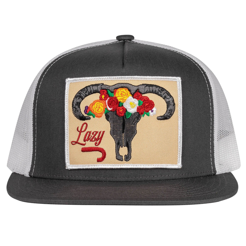 
                  
                    Lazy J Ranch Charcoal Grey & White Skull & Flowers Classic Five Panel Trucker Hat-Lazy J Ranch Wear
                  
                