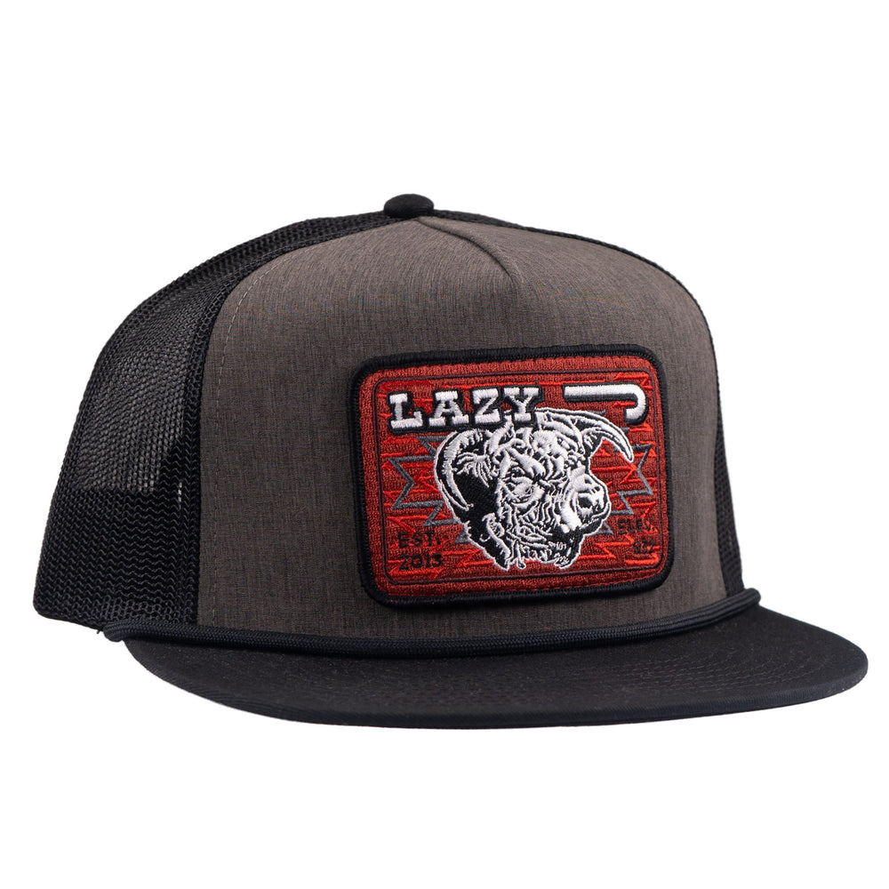 Lazy J Ranch Dark Grey & Black Red Cowpoke Classic Five Panel Trucker Hat-GRYBLK4-CP-RED