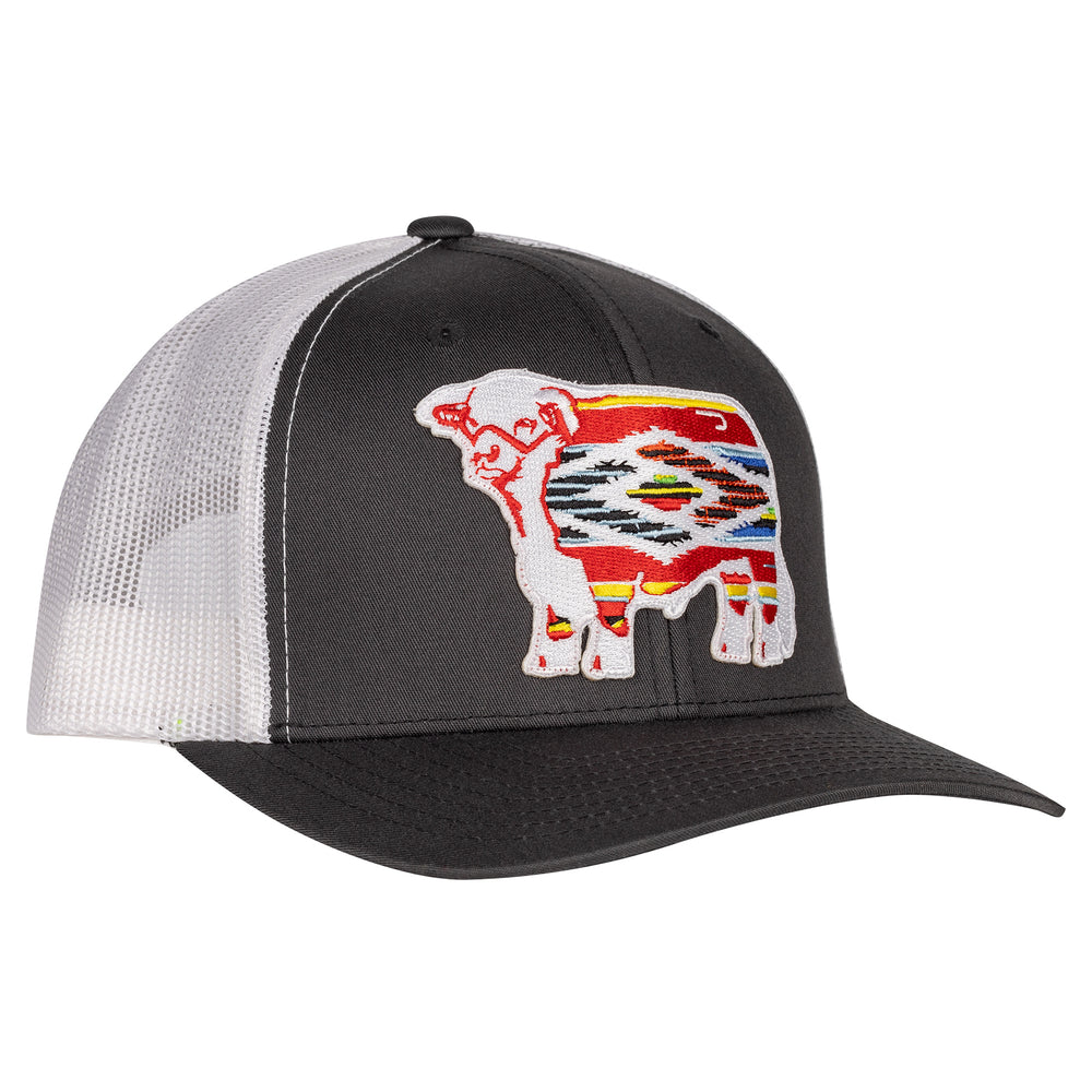 Lazy J Ranch Dark Grey & White Serape Bull Mid Profile Trucker Hat-Mid Profile-GRYWHT3SER