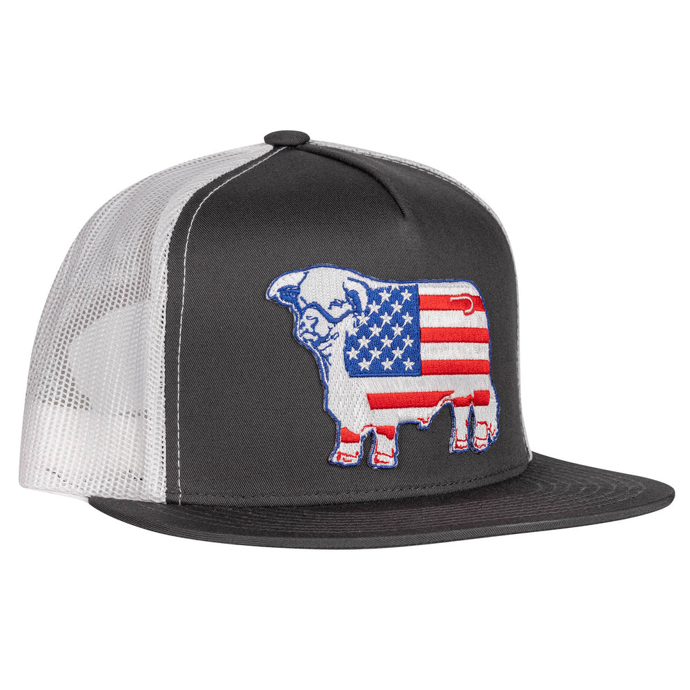 
                      
                        Lazy J Ranch Grey & White American Flag Bull Classic Five Panel Trucker Hat
                      
                    