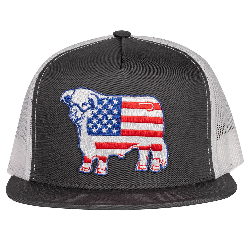 
                      
                        Lazy J Ranch Grey & White American Flag Bull Classic Five Panel Trucker Hat
                      
                    