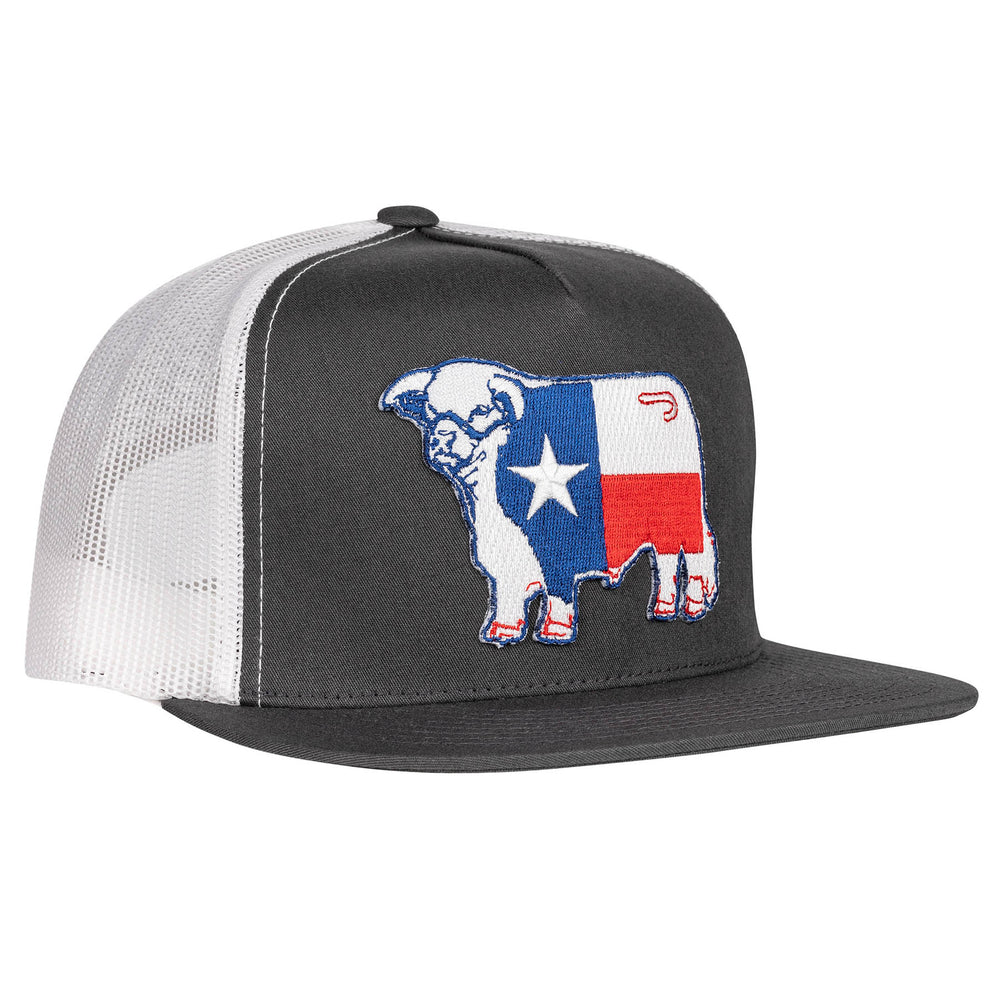 
                      
                        Lazy J Ranch Dark Grey & White Texas Flag Bull Classic Five Panel Trucker Hat
                      
                    