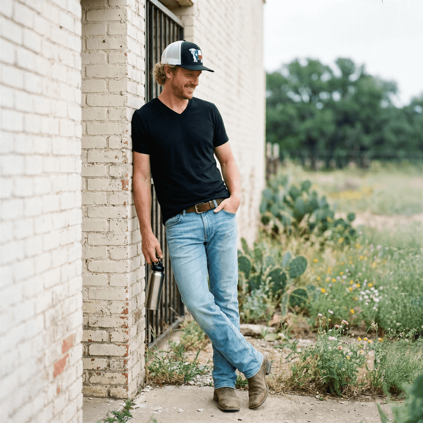 Lazy J Ranch Black & White Texas Bull Classic Five Panel Trucker Hat-