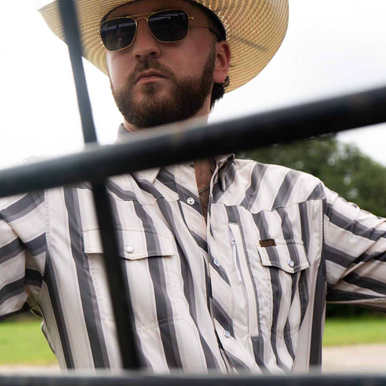 Lazy J Long Sleeve Performance Pearl Snap - Grey Stripe-