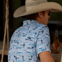 Lazy J Men's Cactus Pearl Snap Polo Shirt - Blue-