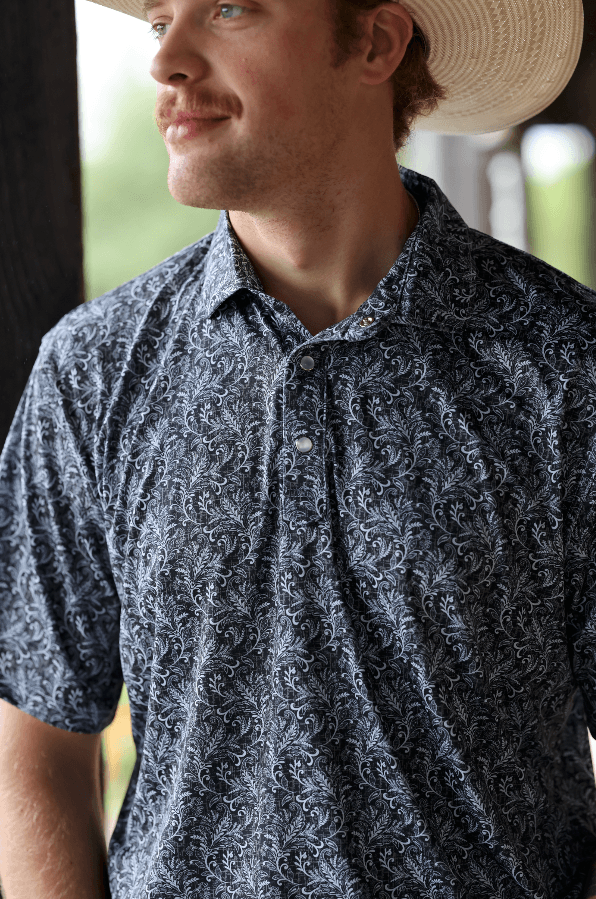 Lazy J Men's Paisley Pearl Snap Polo Shirt - Black-